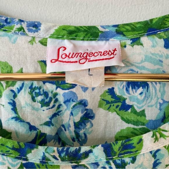 Loungecrest Vintage Blue Floral Rose Drop Waist Tiered Ruffle Cotton Dress L - Picture 6 of 8